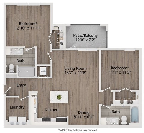 Floor plan for 2 beds, 2 baths, 1065 sqft